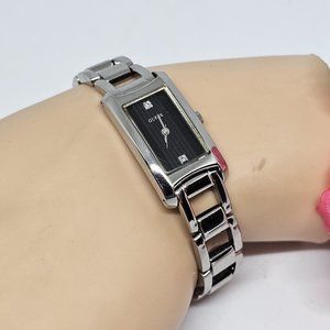 Guess Silver Tone Rectangle Black Face Link Bracelet Band Watch New Battery